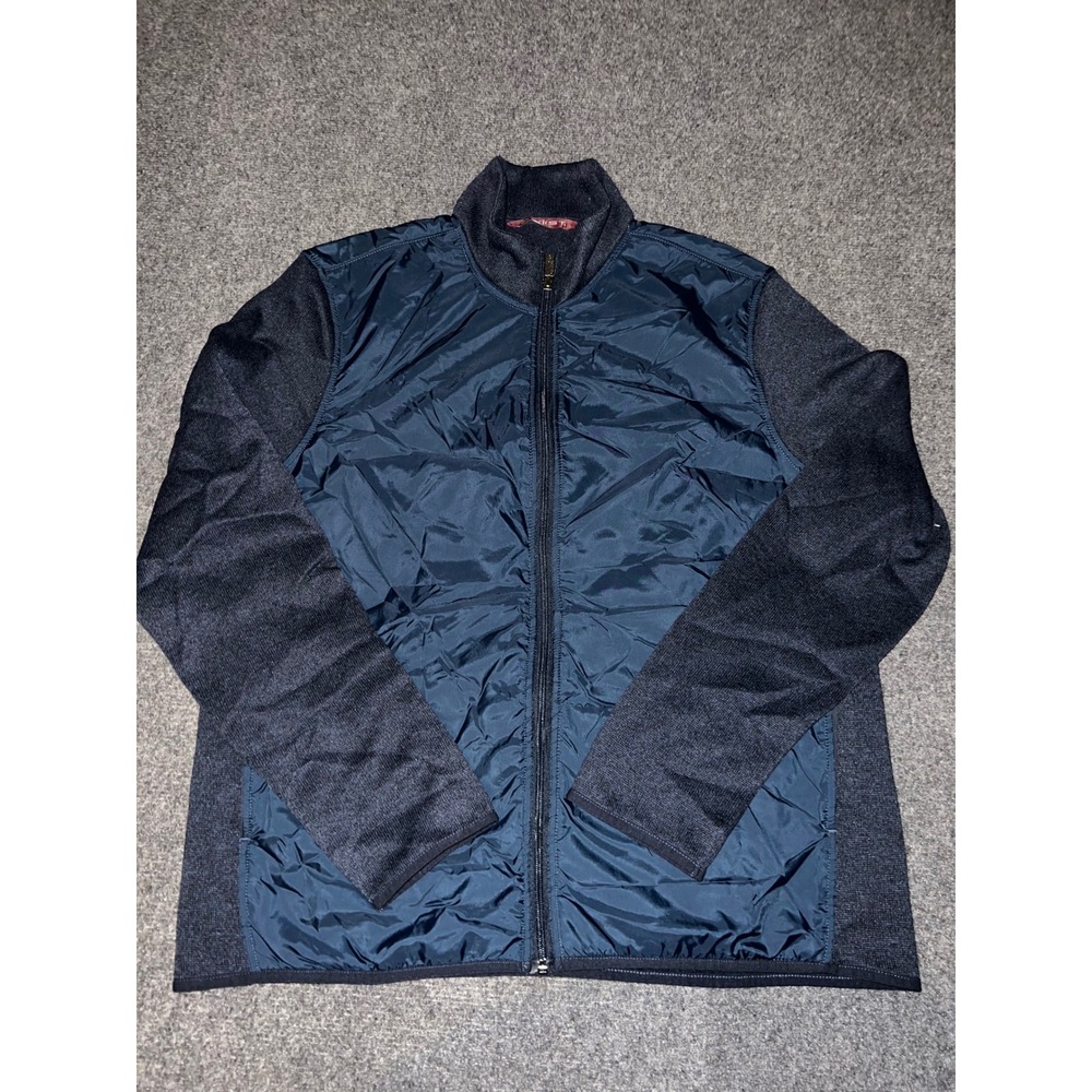 Axist Mens XL Hybrid Full Zip Jacket Navy Blue Quilted Front Knit Sleeves